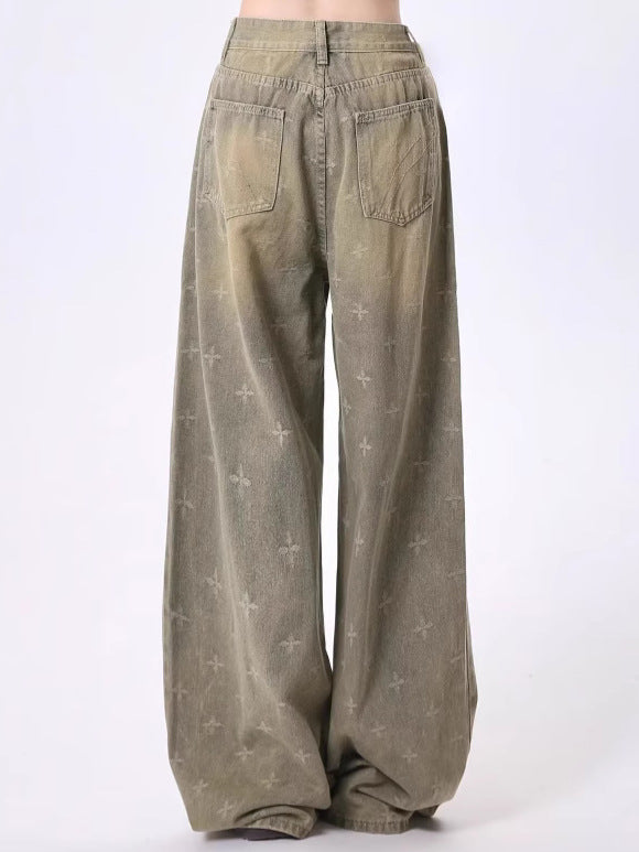 Womens Retro Heavy-Print Cross-Star Design Wide Straight Pants