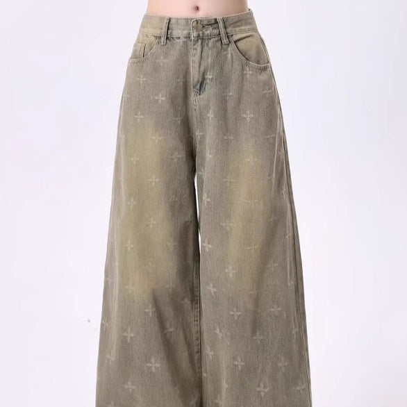 Womens Retro Heavy-Print Cross-Star Design Wide Straight Pants