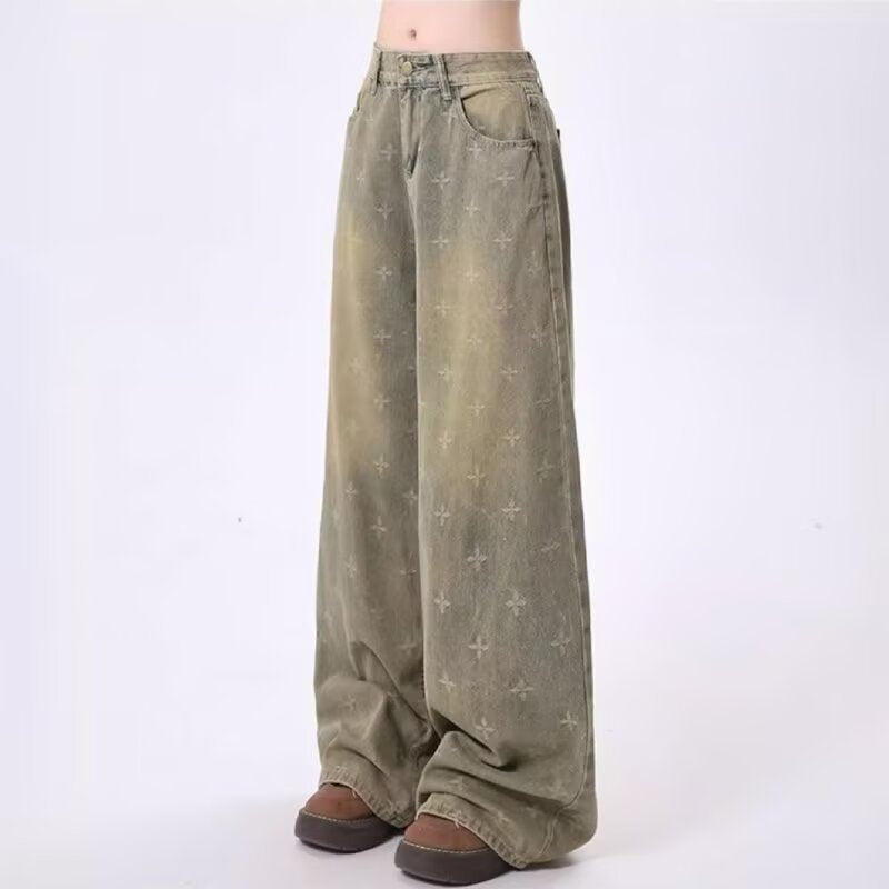 Womens Retro Heavy-Print Cross-Star Design Wide Straight Pants
