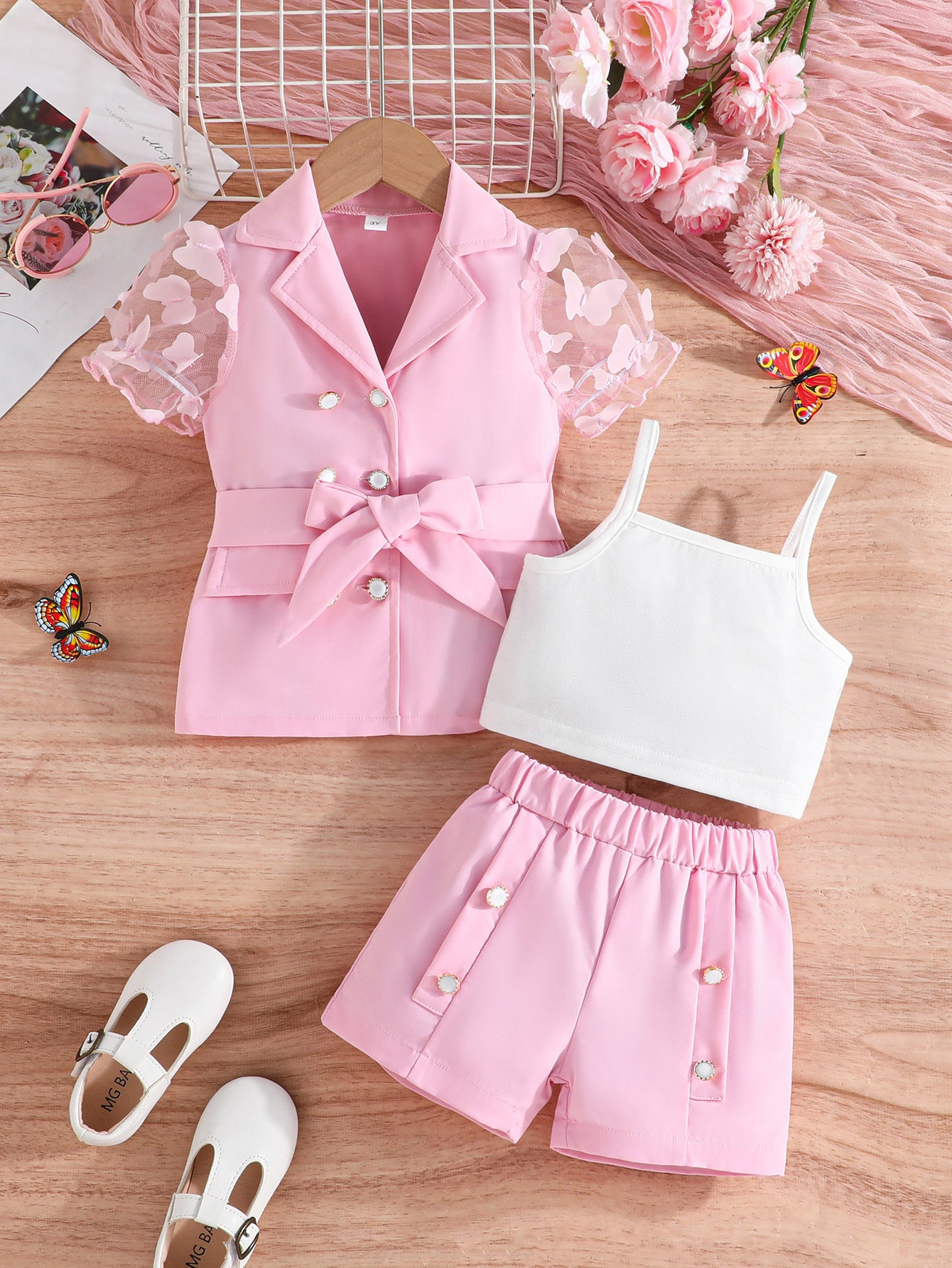 Girls' Suit Top Sling Romper Pants Three-piece Suit
