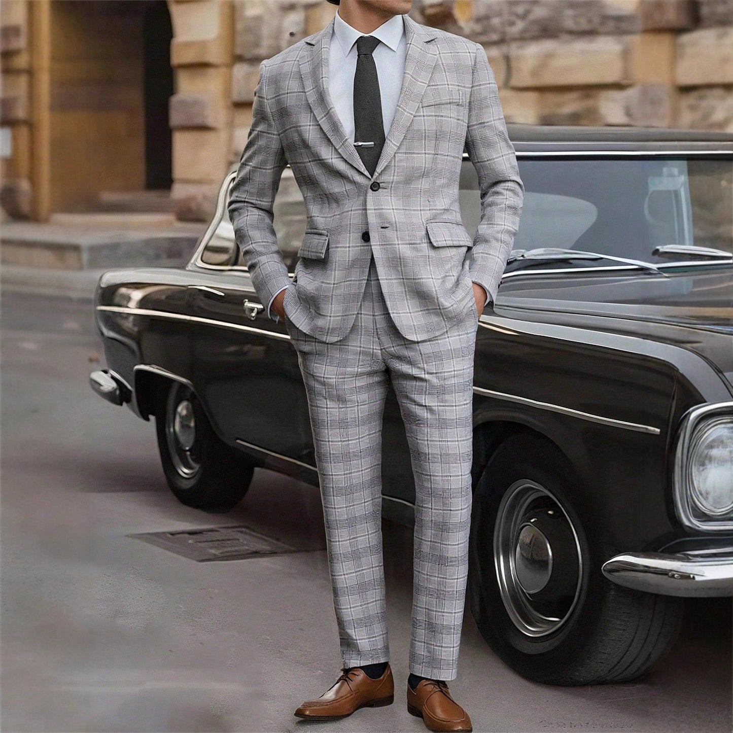 Mens Slim-Fit Plaid Business Suit Two-Piece Set