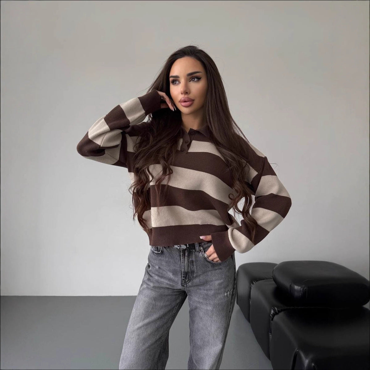 Lapel Half-zip Sweater Loose-fit Knit Top