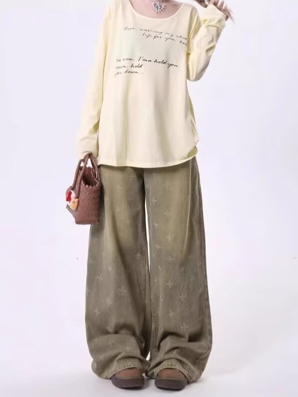 Womens Retro Heavy-Print Cross-Star Design Wide Straight Pants